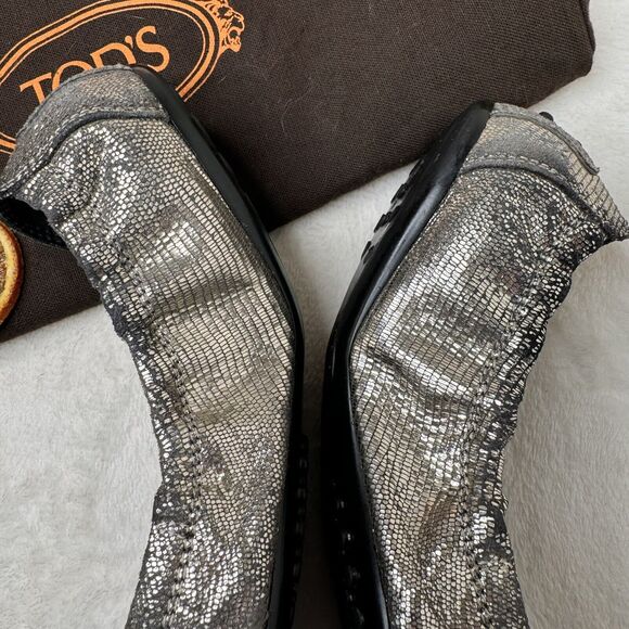 Tods Ballet Flats Black Mixed Media Cap Toe Buckle Scrunch 8.5 Classic Leather - Picture 5 of 10